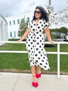 Cato Polka  Dot Button-Front Midi Dress - White with Black Dots